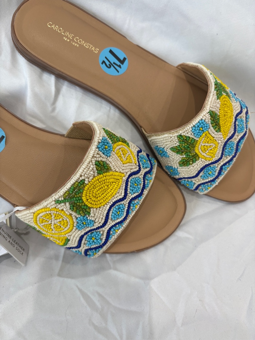 Caroline Constas Beaded Lemon Embroidered Slide Sandals in White, Yellow